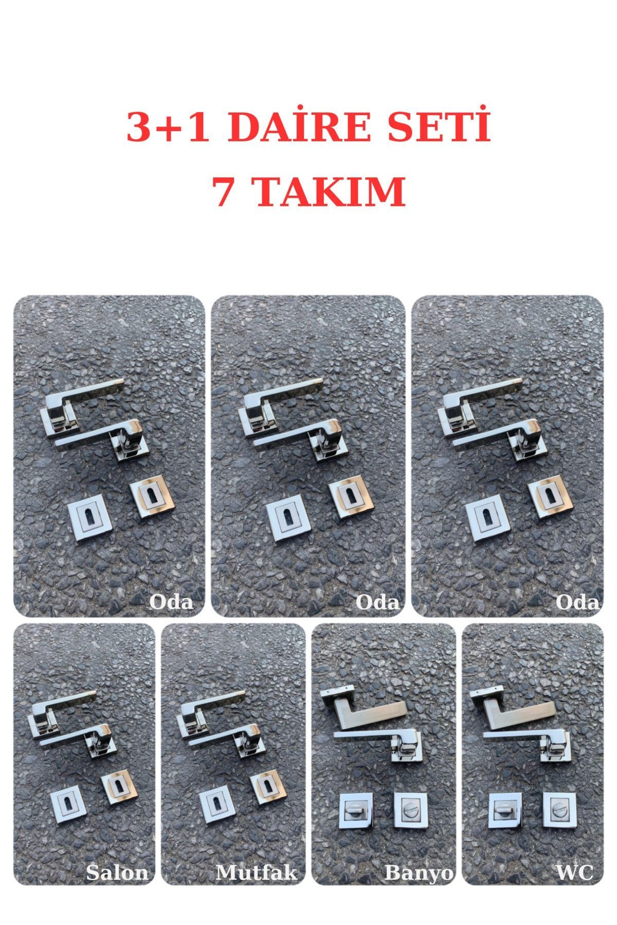 (7 TAKIM) Sofuoğlu Anka Paslanmaz Nikel Saten Kare Rozetli (3 1 SET) Kapı Kolu (5 ODA / 2 BANYO WC)